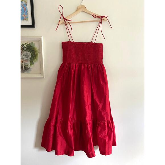 DHRUV KAPOOR Red Smocked Cerise Midi Dress Size Small - Picture 3 of 7